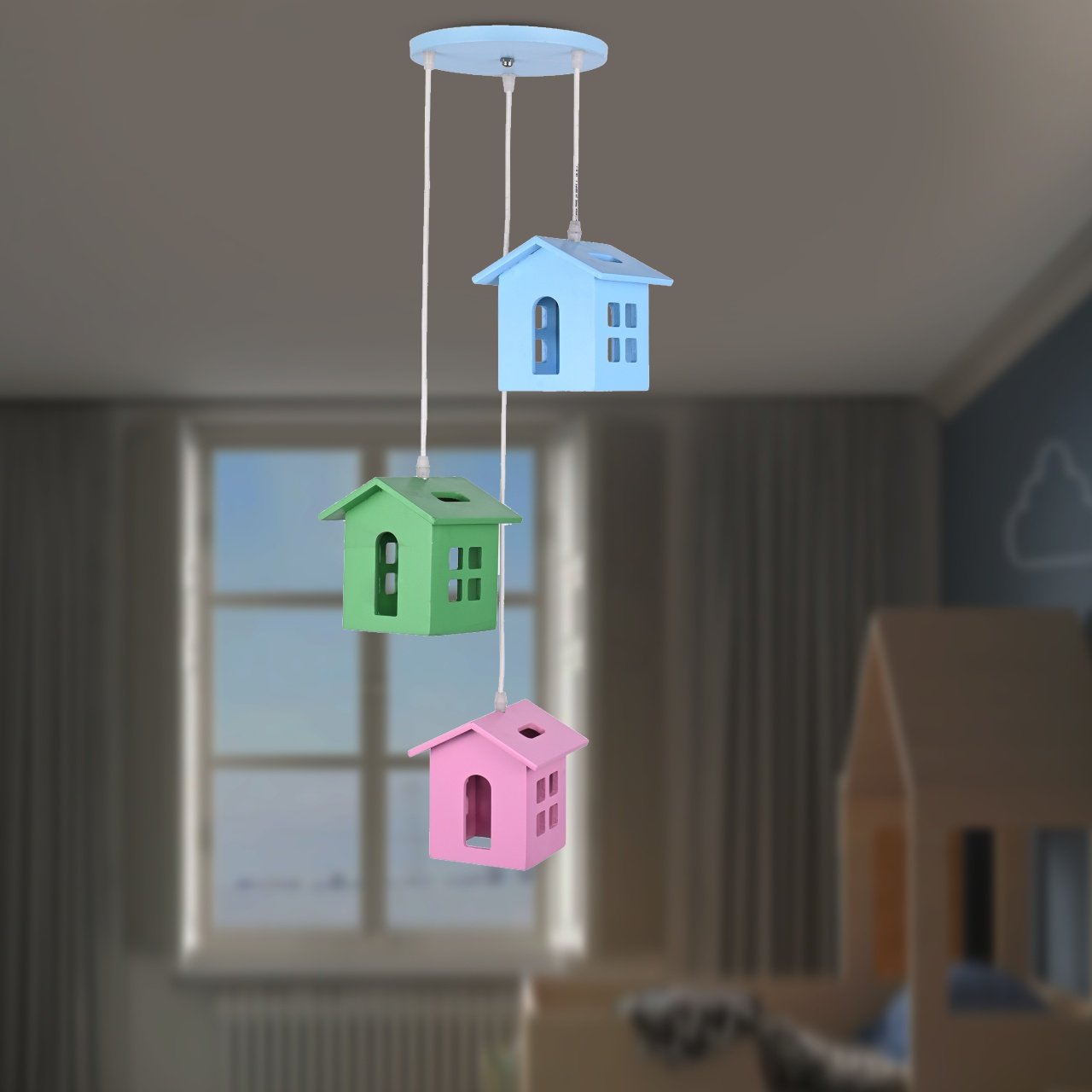 Triple Wooden House Ceiling Lamp