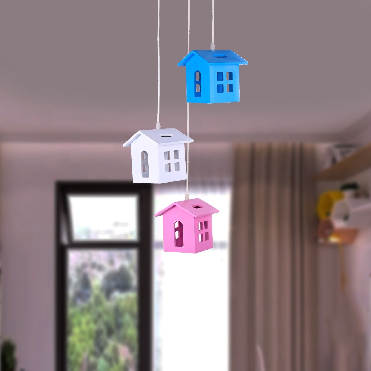 Triple Wooden House Ceiling Lamp